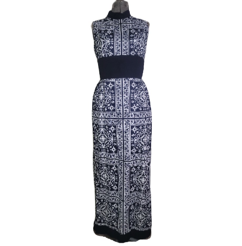 Vintage 60s 70s Black And White Maxi Filigree Greek Italian Dress Size Small