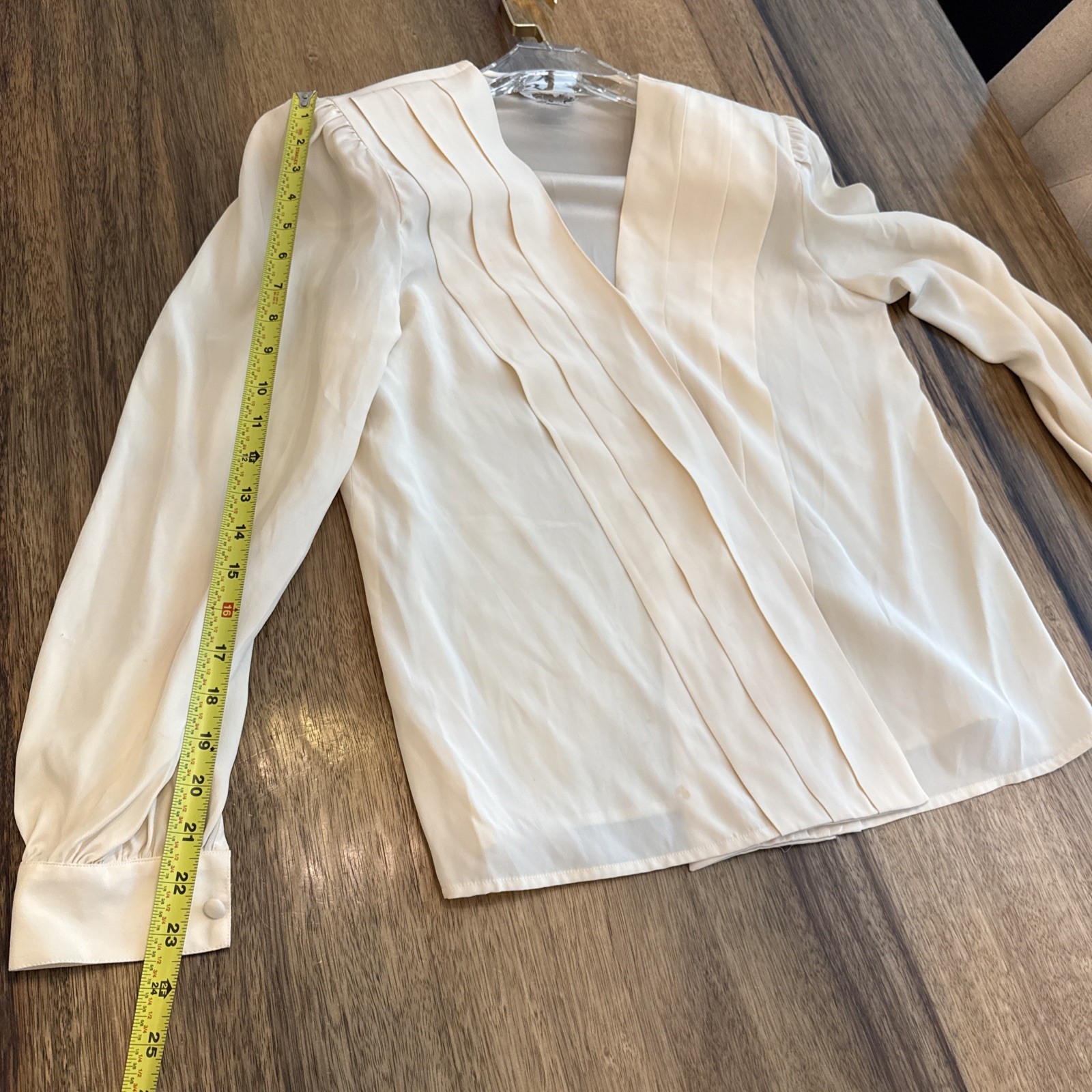 Vtg 100% Silk Blouse 8 Cream Pleats Faux Wrap Shoulder Pads Dynasty Old Money