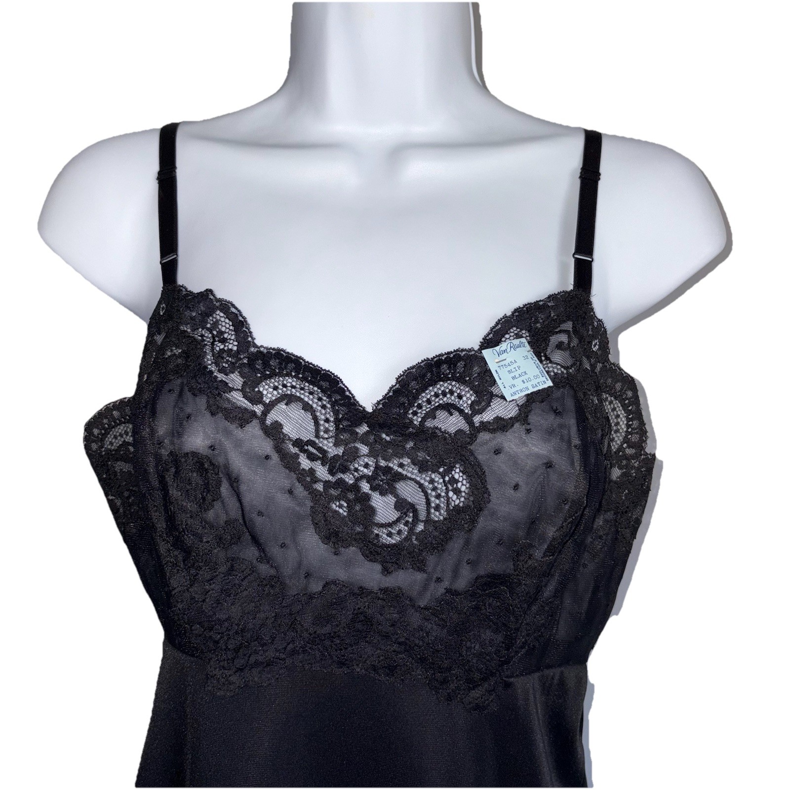 Vtg Van Raalte Black Silky Nylon Slip Scallop Lace Trim NWT Size 32 Lingerie NOS