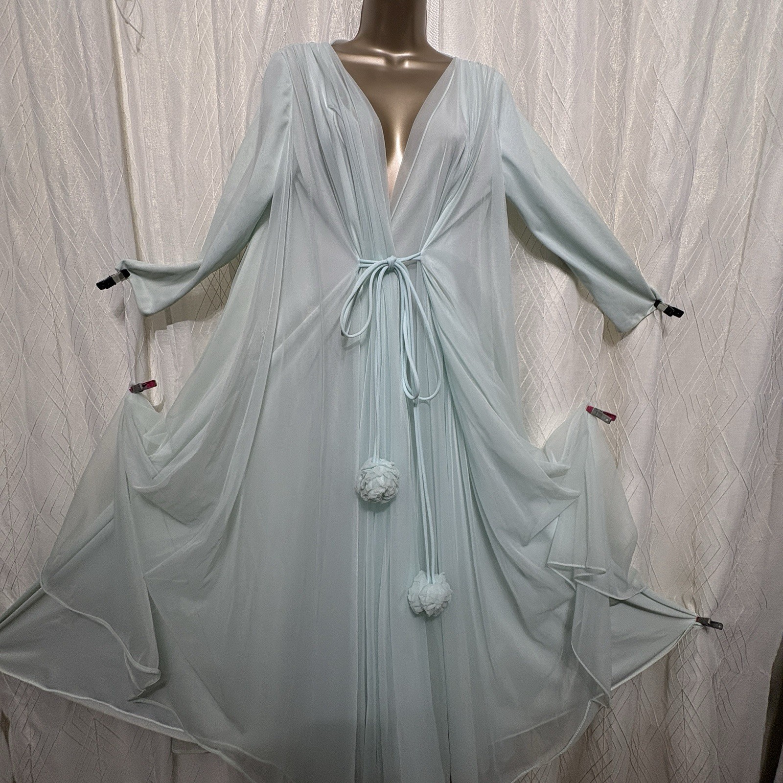 VERY RARE VTG P S M L LUCIE ANN Seafoam POM DB Nylon Peignoir Sweep LONG SLEEVE