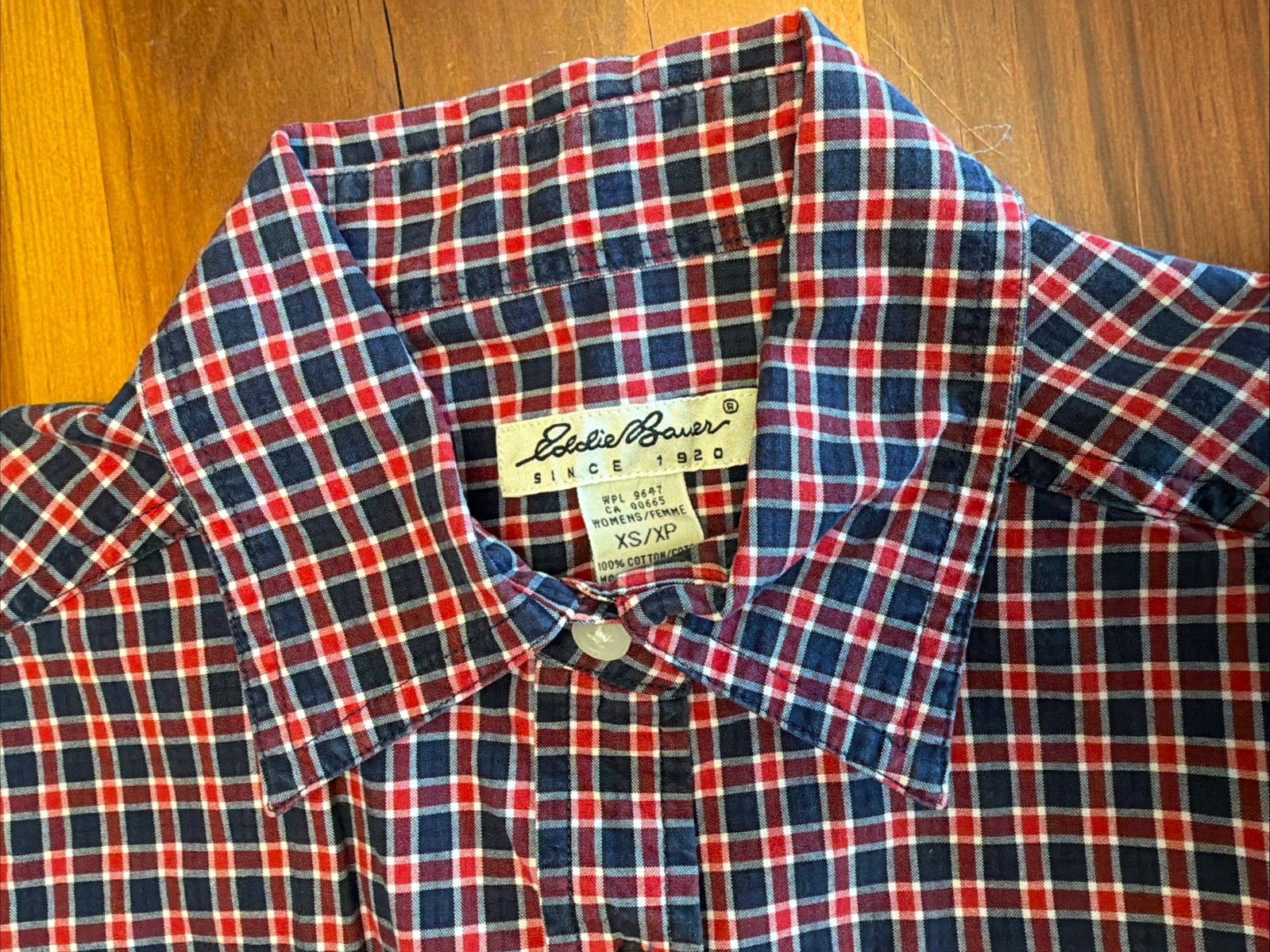 Vintage Women’s Eddie Bauer Button Plaid Shirts- Red White & Blue XS/XP Lot Of 2