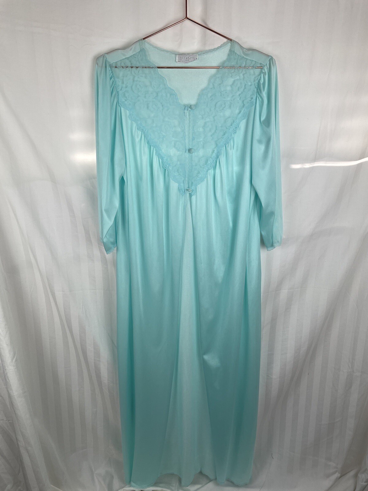 Vintage Vassarette Nylon Robe Ice Blue Lace Detailing Size Medium M Pin Up Retro