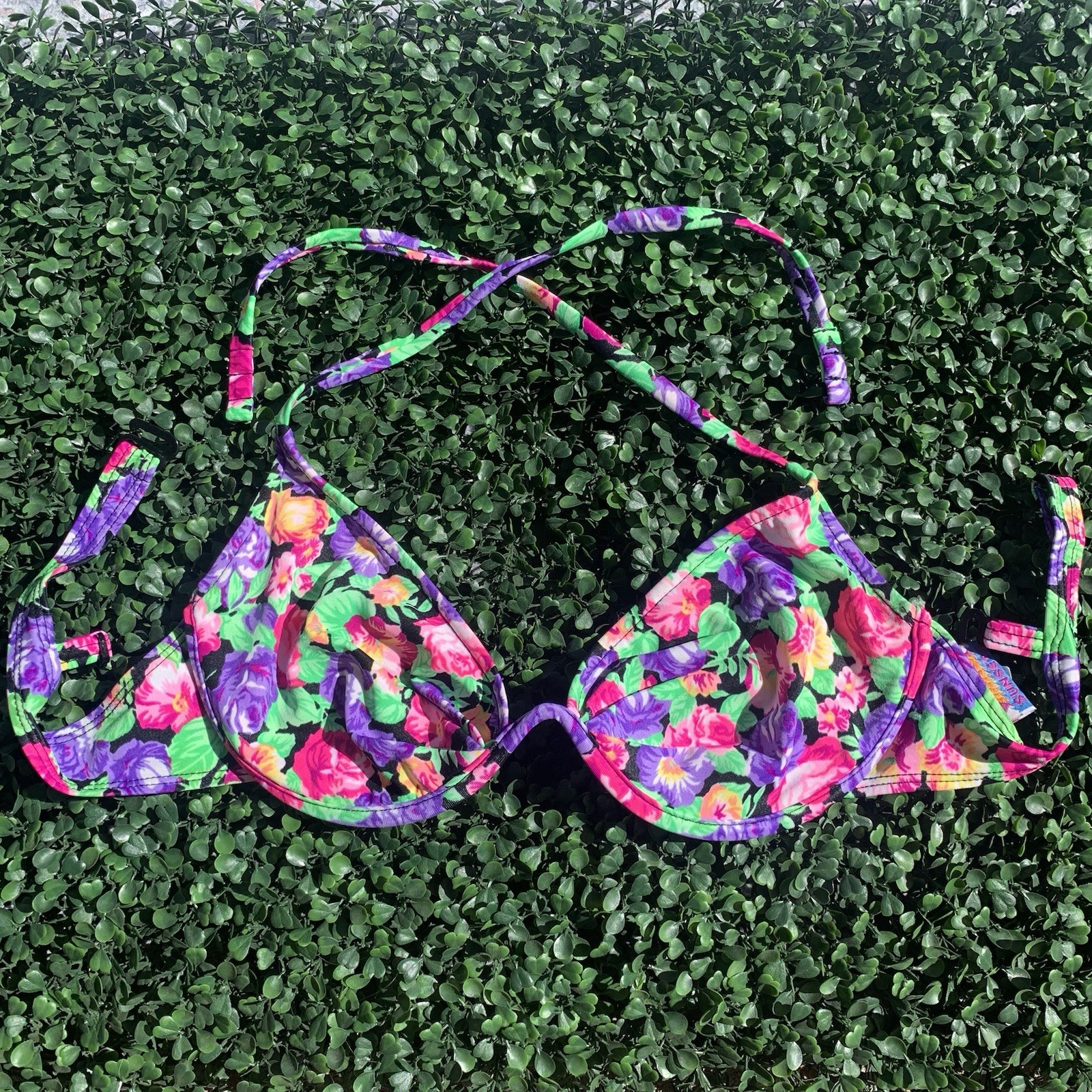 Vintage 80s SUNSETS colorful floral shelf-wire bikini top swim beach tropical