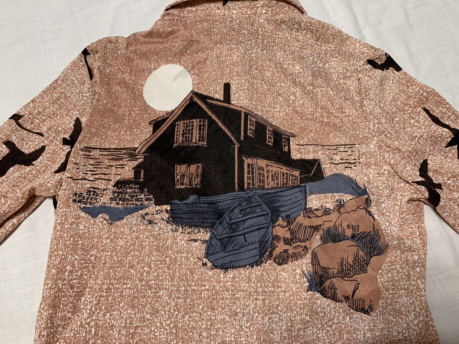 Vintage 'Langtry Ltd’ Wharf Scene 1970s Ladies Nylon Long Sleeve Shirt sz L