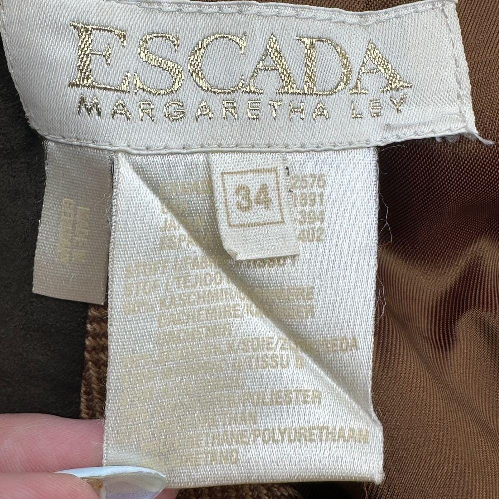 Escada Cashmere Silk Brown Herringbone Blazer Gold Button Suede Vintage Sz 34 S