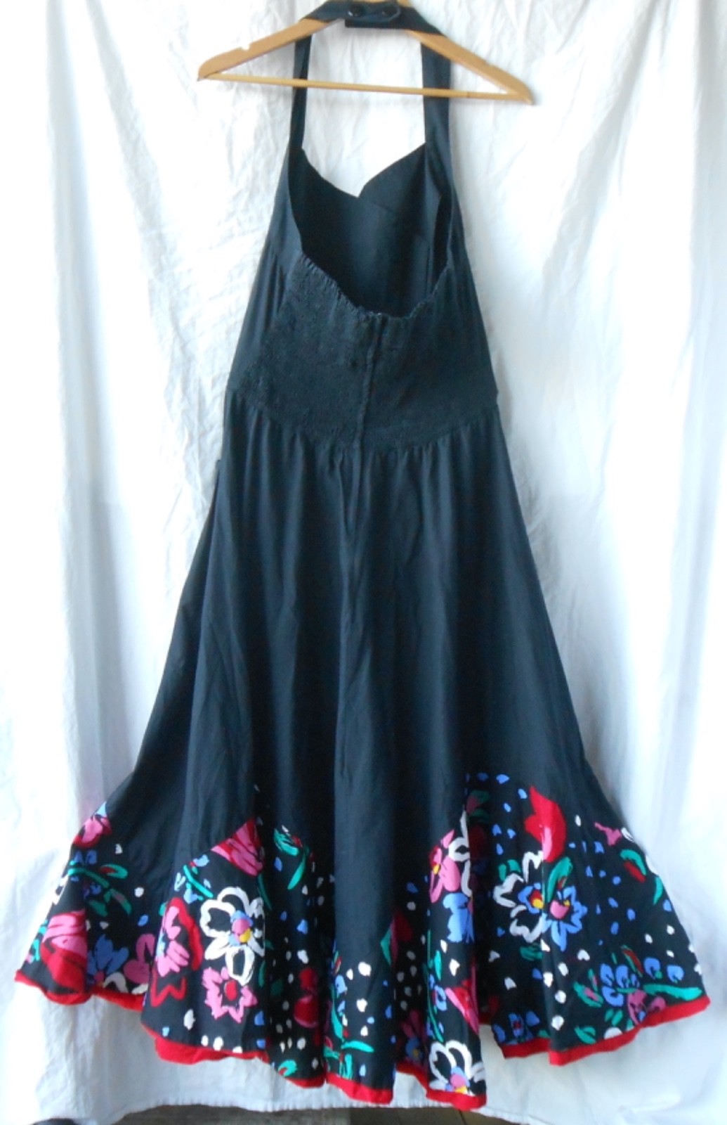 VTG 80s Choon California 100% Cotton Maxi Halter Dress Black Full Skirt Sz 14/Lg