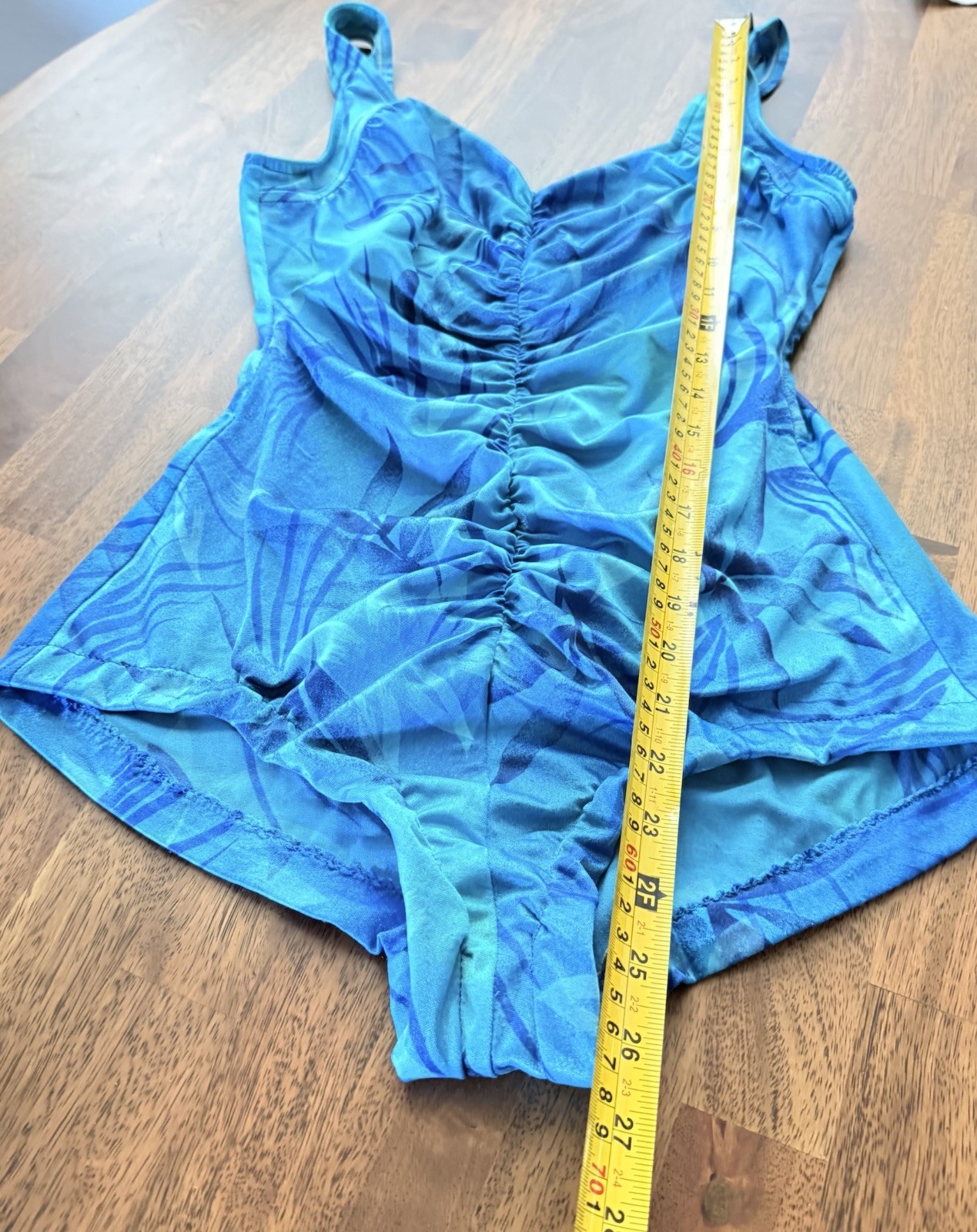 Vintage Maxine of Hollywood One Piece Swimsuit 12 Ruched Blue Palm Leaf 90s