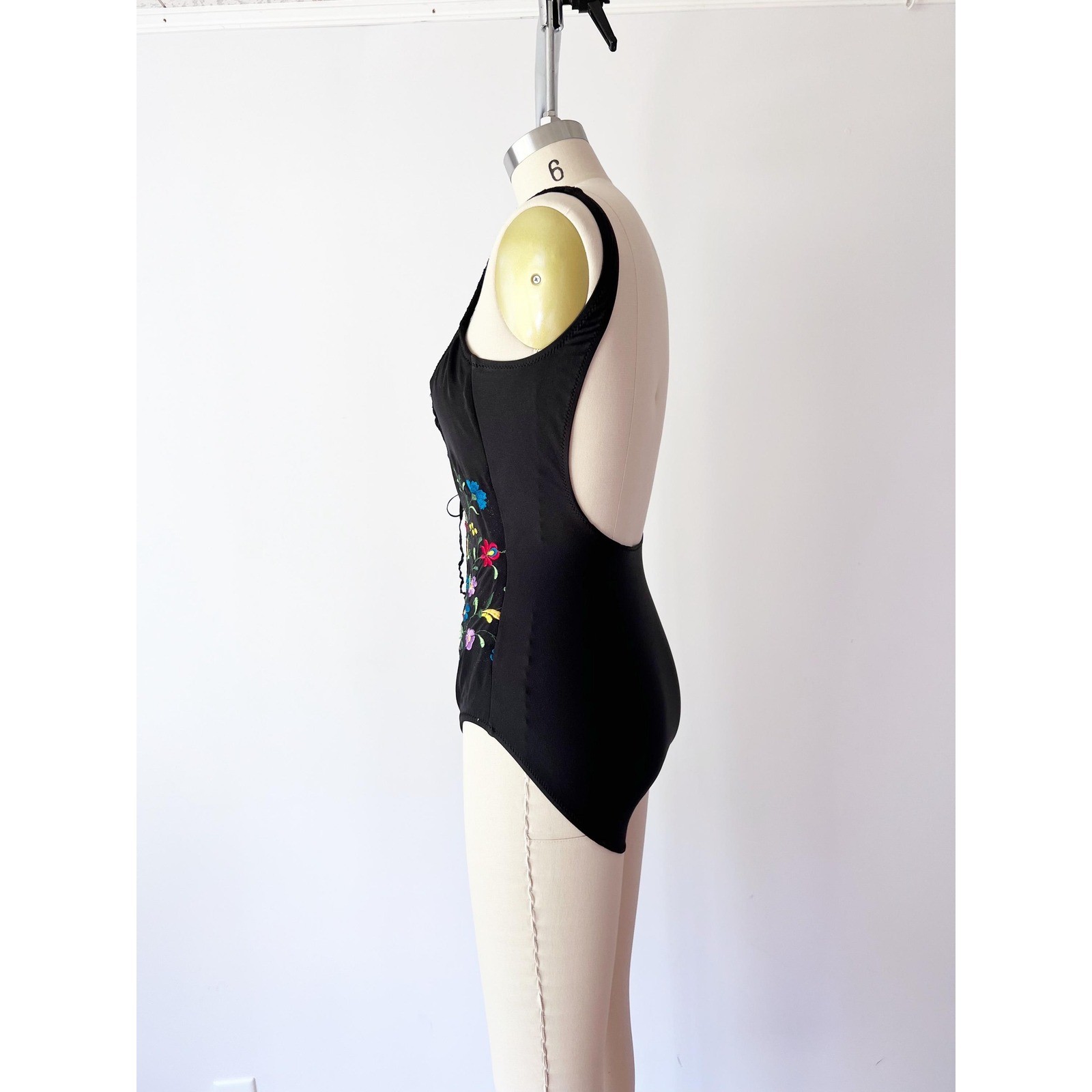 Gottex One Piece Swimsuit Black Floral Embroidered Lace Up Vintage 8