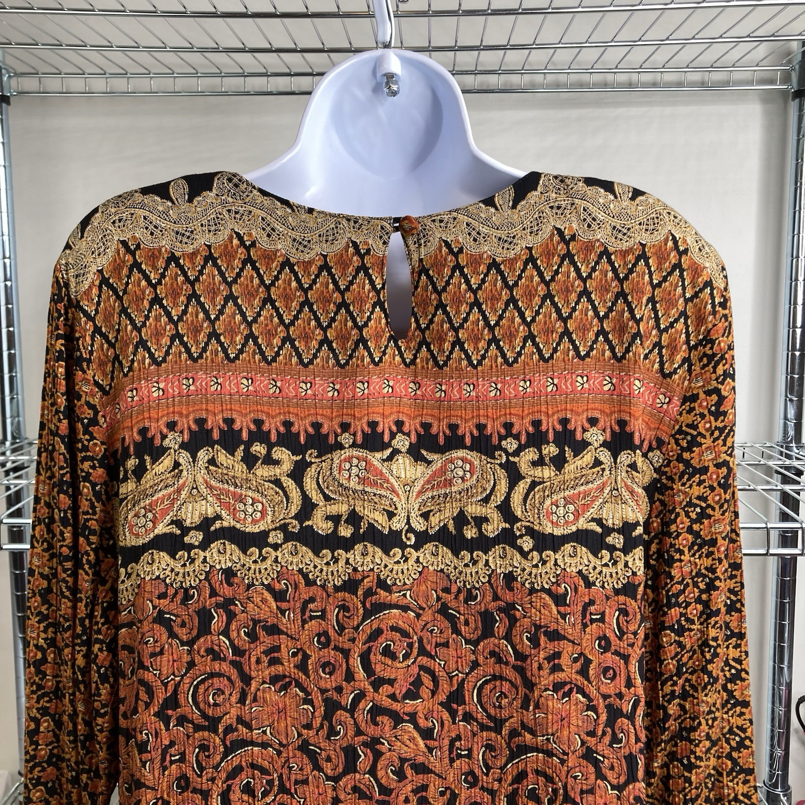 VTG 80s Carole Little Orange Baroque Print Midi Dress 14 Boho Regal Cottagecore