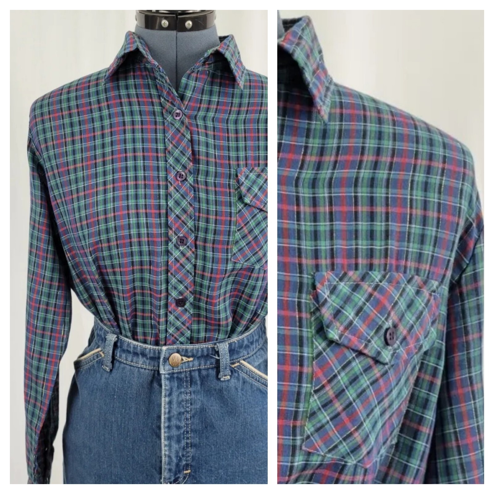 Vintage Red/Green/Blue Plaid Button Down Shirt with Gold Metallic Accent Size 13