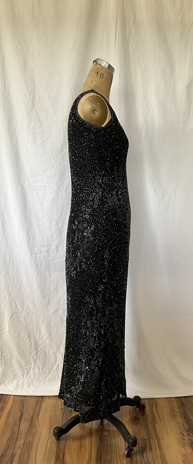 Vintage Black Beaded Silk Slip Long Dress Size XS Missing Label Mint Condition