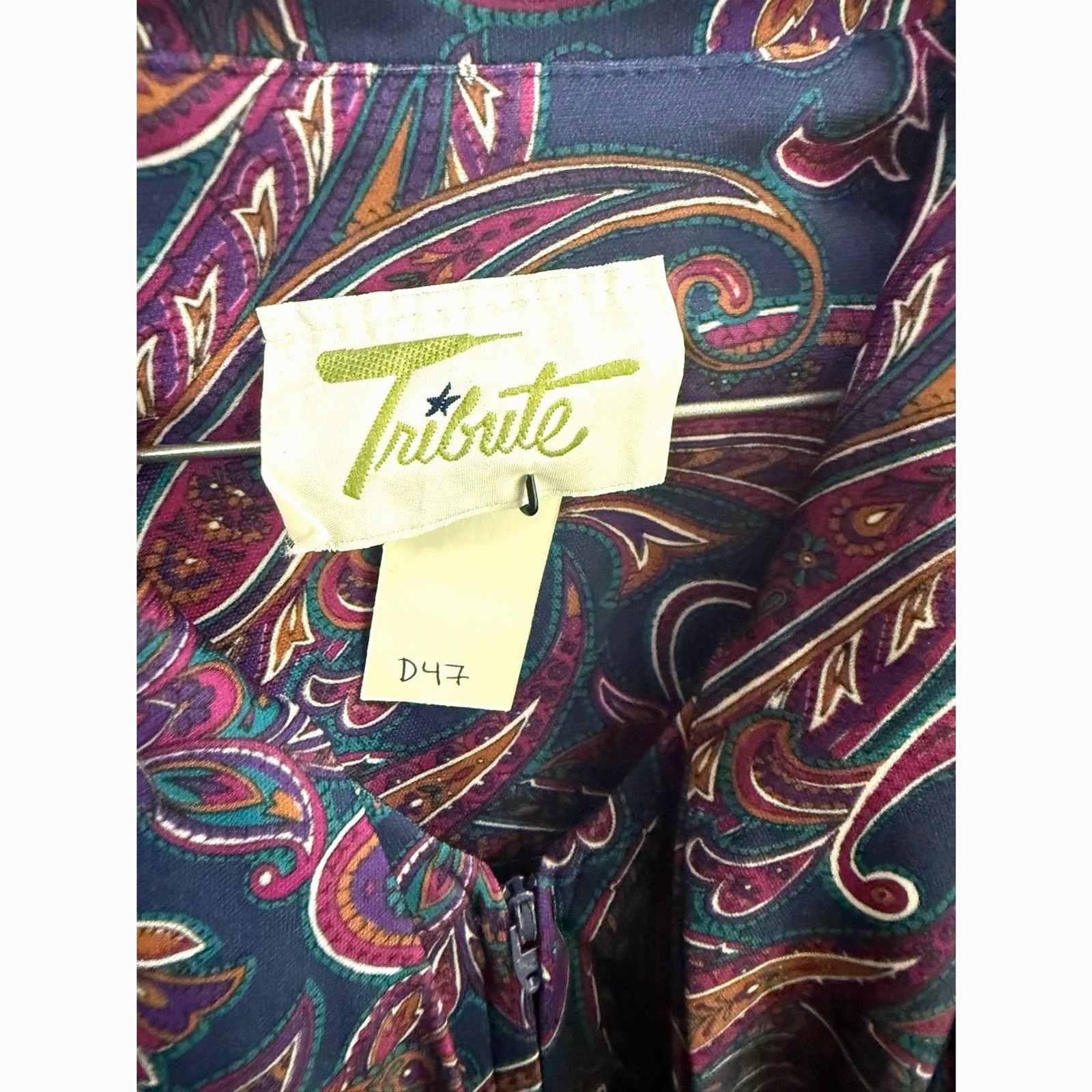 Tribute vintage 70s paisley pussycat bow zip front midi dress