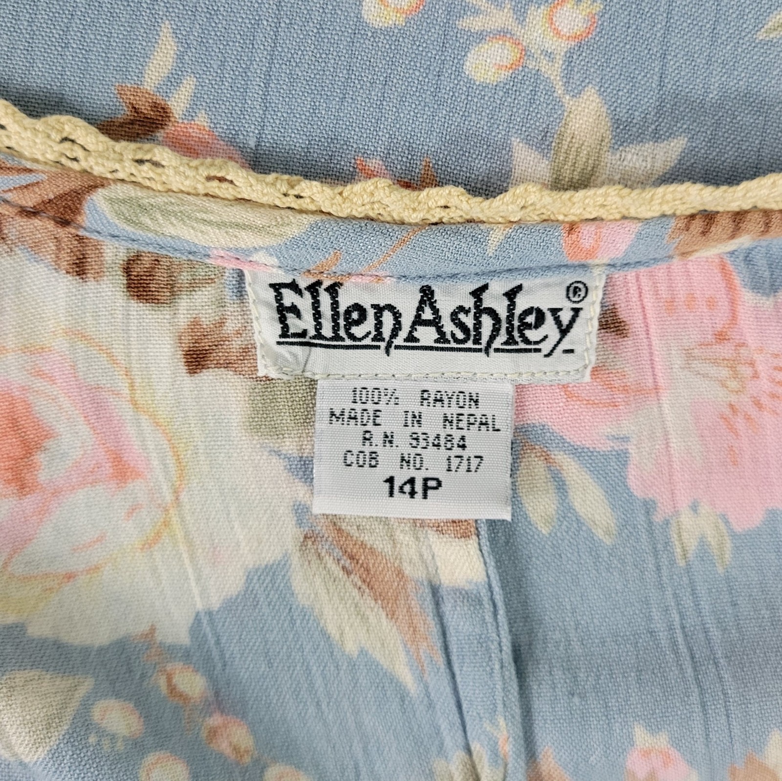 Vintage Ellen Ashley Blueish Grey Dress w Pink & Cream Florals Size 14P