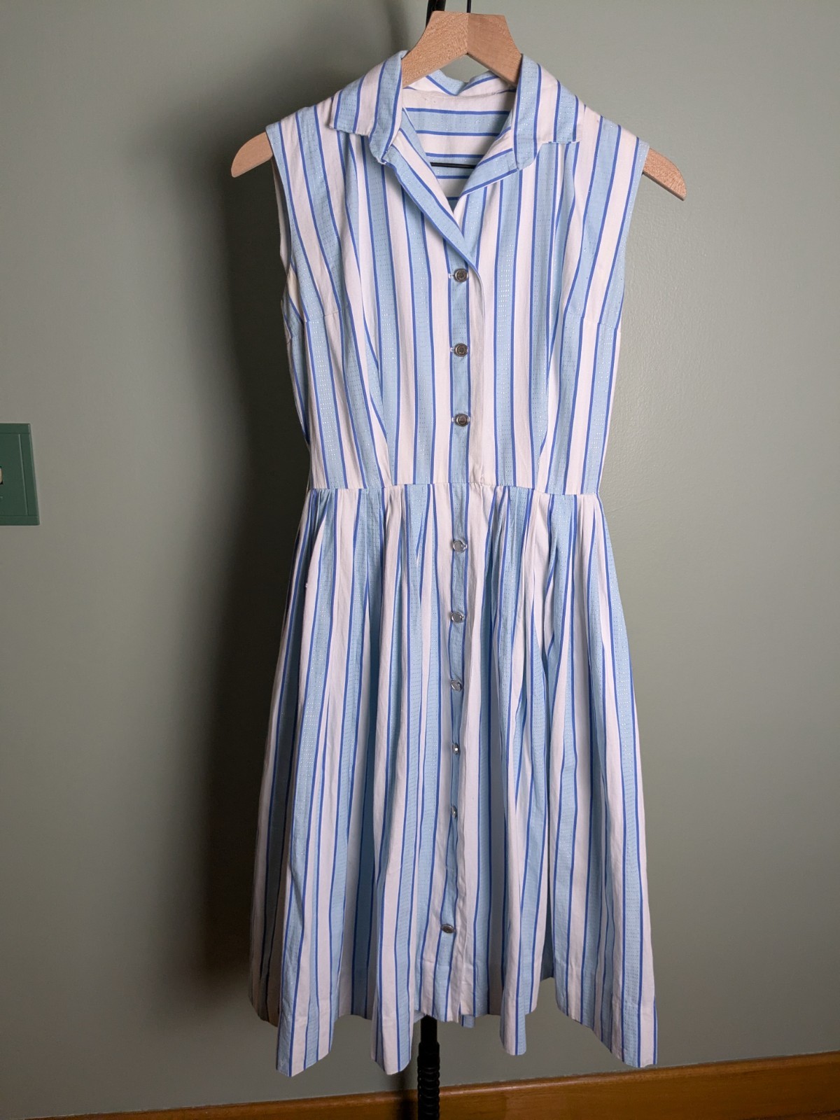 True Vintage Fit Flare Pastel Blue White Striped Shirtwaist Dress