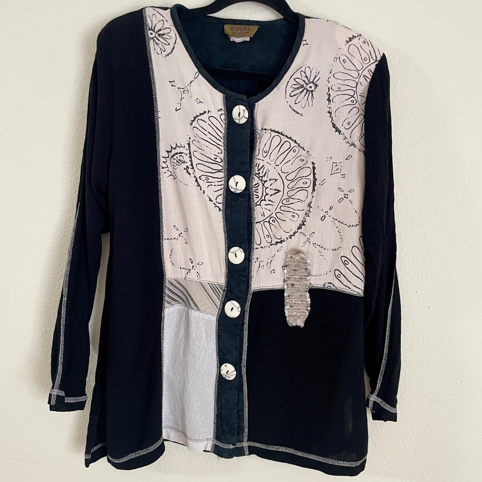 VTG A Spence Collections Black Cream Mixed Print Linen Button Top Artsy USA M