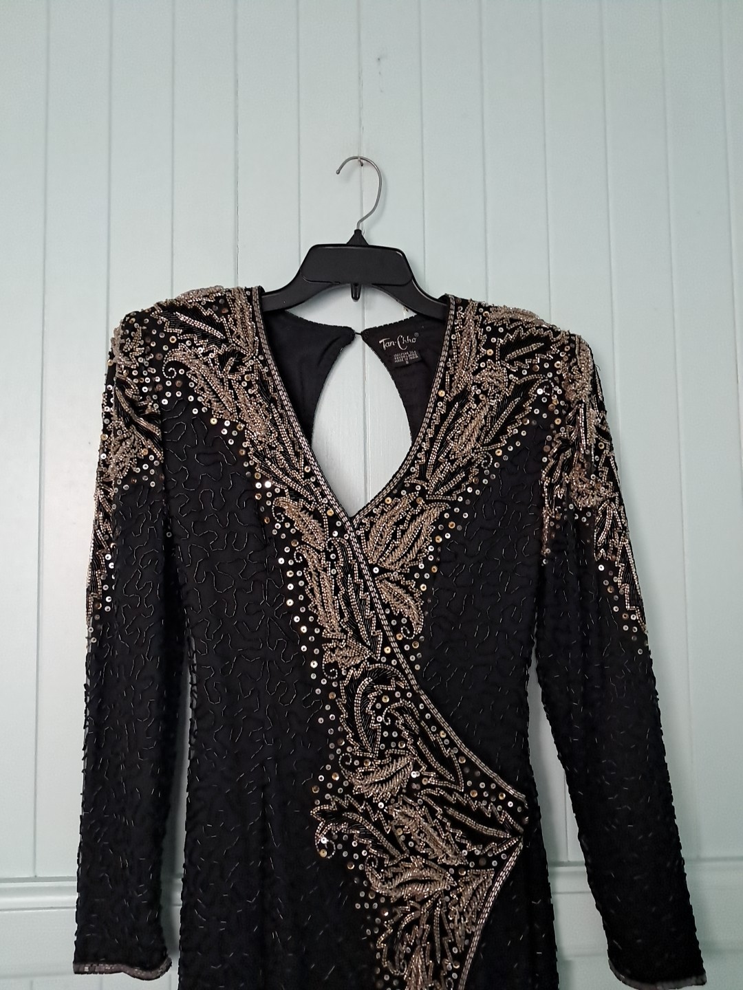 Vintage Tan-Chho Beaded Evening Gown Dress Sz S Black Silk Gold Silver Sequins