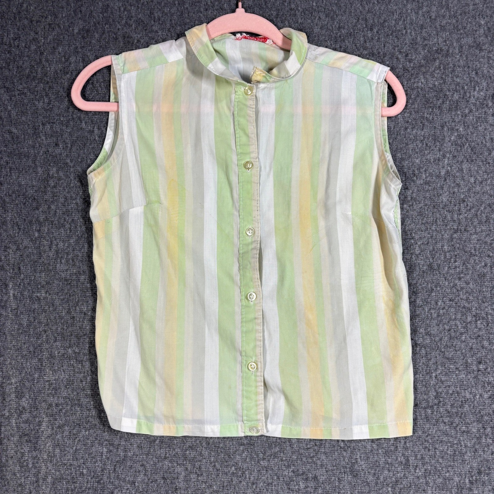 Vintage 50s 60s Striped Button Down Top Pastel Green Yellow Broadcloth USA