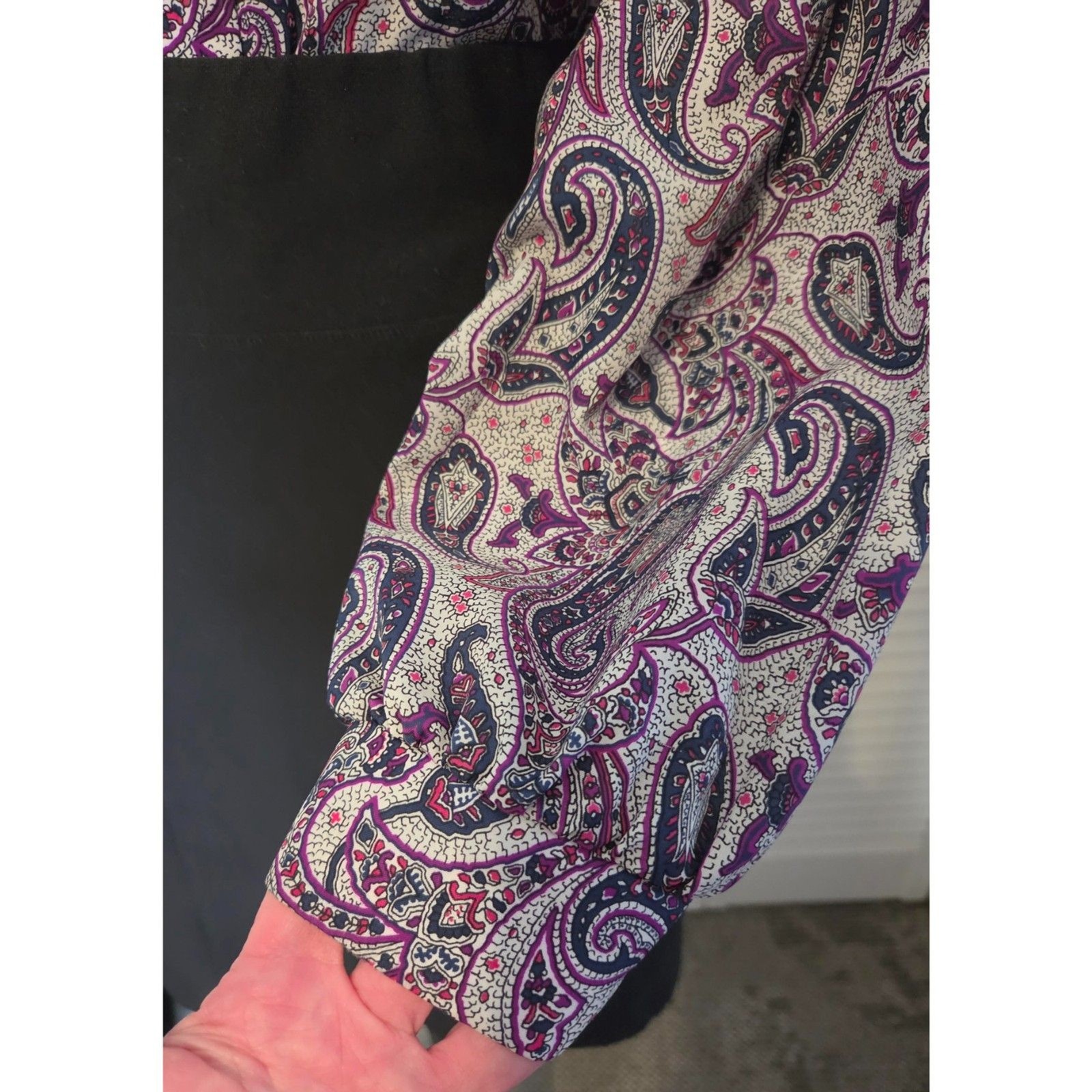 Vintage Ms. Bond Paisley Kitty-Bow Blouse-Purple & Gray, Sz Med