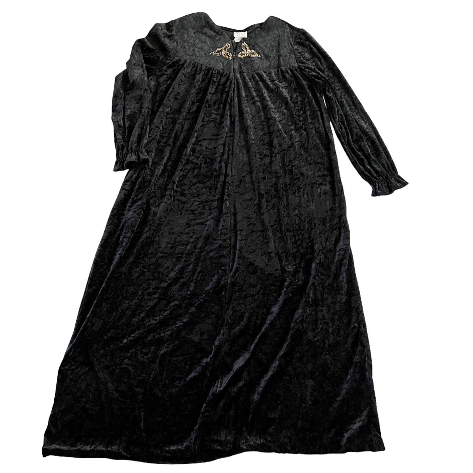 Vtg Appel Robe House Coat Blk Crushed Velvet Zip Quilted Chest Gold Pockets Sz L
