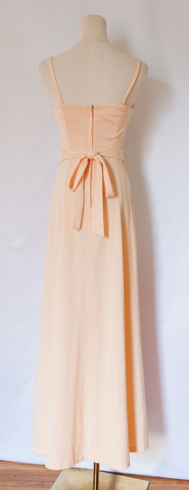 Vintage 70s Nude Peach Strappy Maxi Prom Dress Gown Ruched Bust Tie Waist XS/S