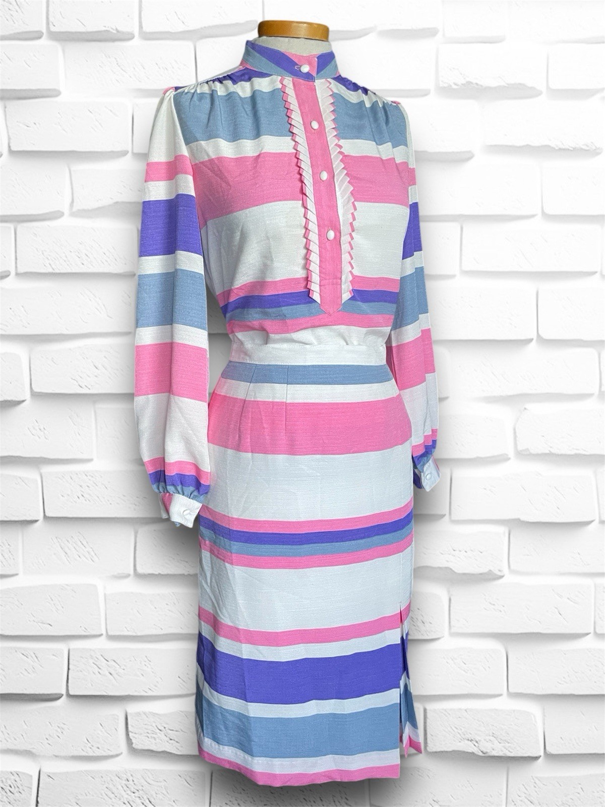 1960’s Pink, Purple, White & Grey Striped Skirt & Long Sleeve Ruffle Shirt Set