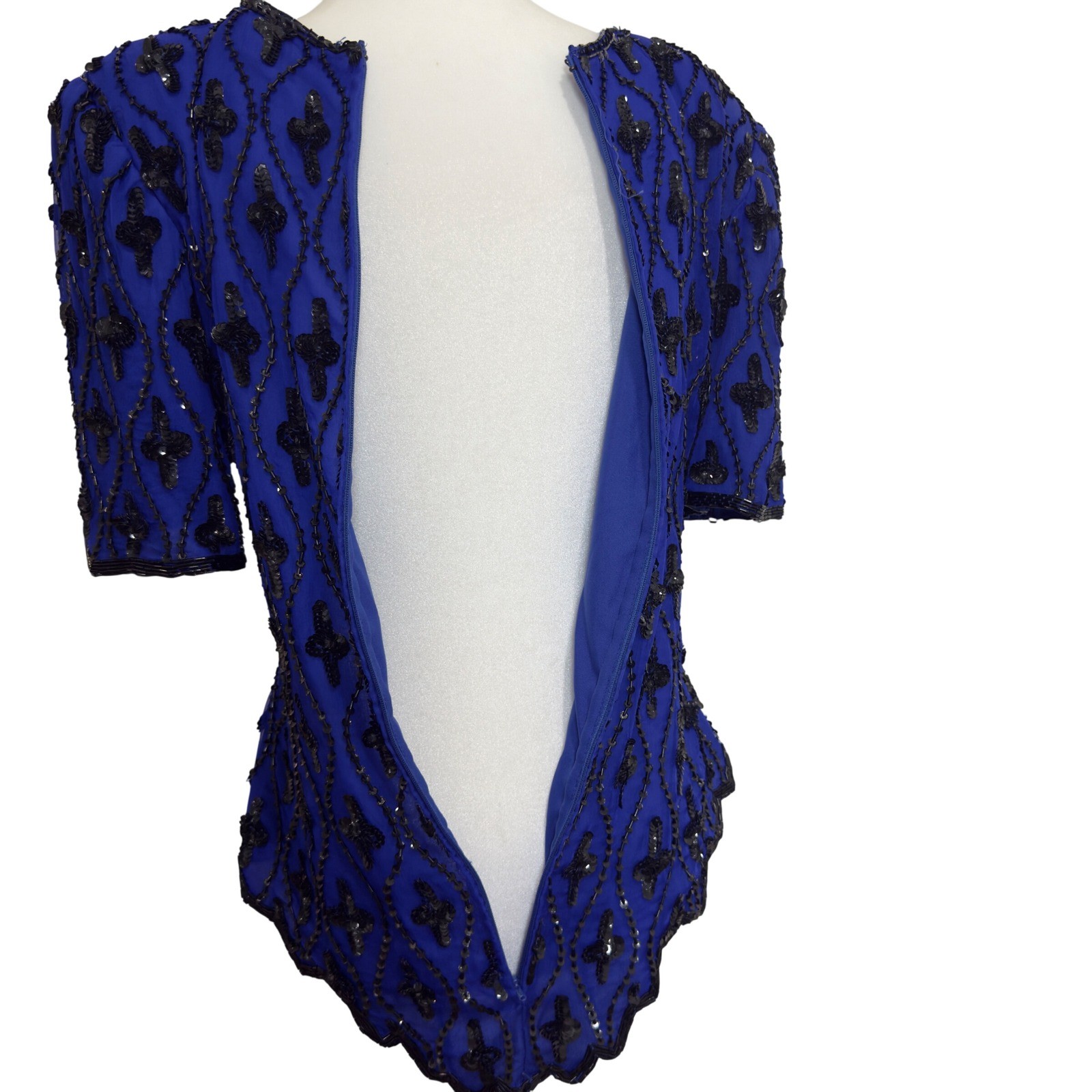 Vintage Laurence Kazar Silk Beaded Sequin Evening Top Blue Cocktail Blouse