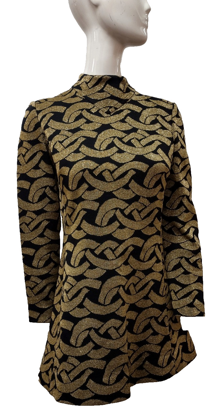 Vintage 60s Mod Mini Dress Gold Metallic Virgin Wool KIMBERLY M MOCK LONG SLEEVE