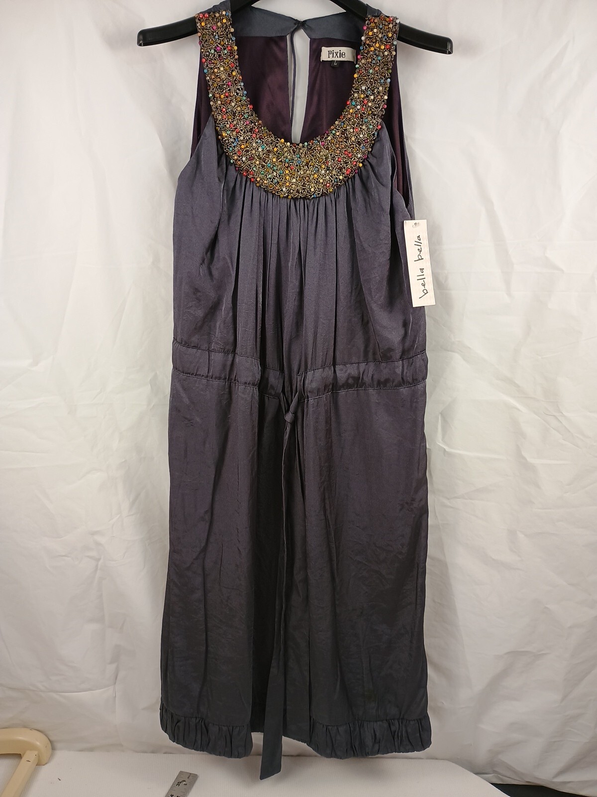 Vintage Pixie of California Dress M Gray Purple satin Tie Waist Beaded Tag L