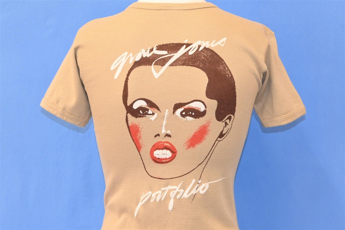 vtg 70s IM A GRACE JONES FAN PORTFOLIO ISLAND RECORDS RIB KNIT t-shirt WOMENS XS