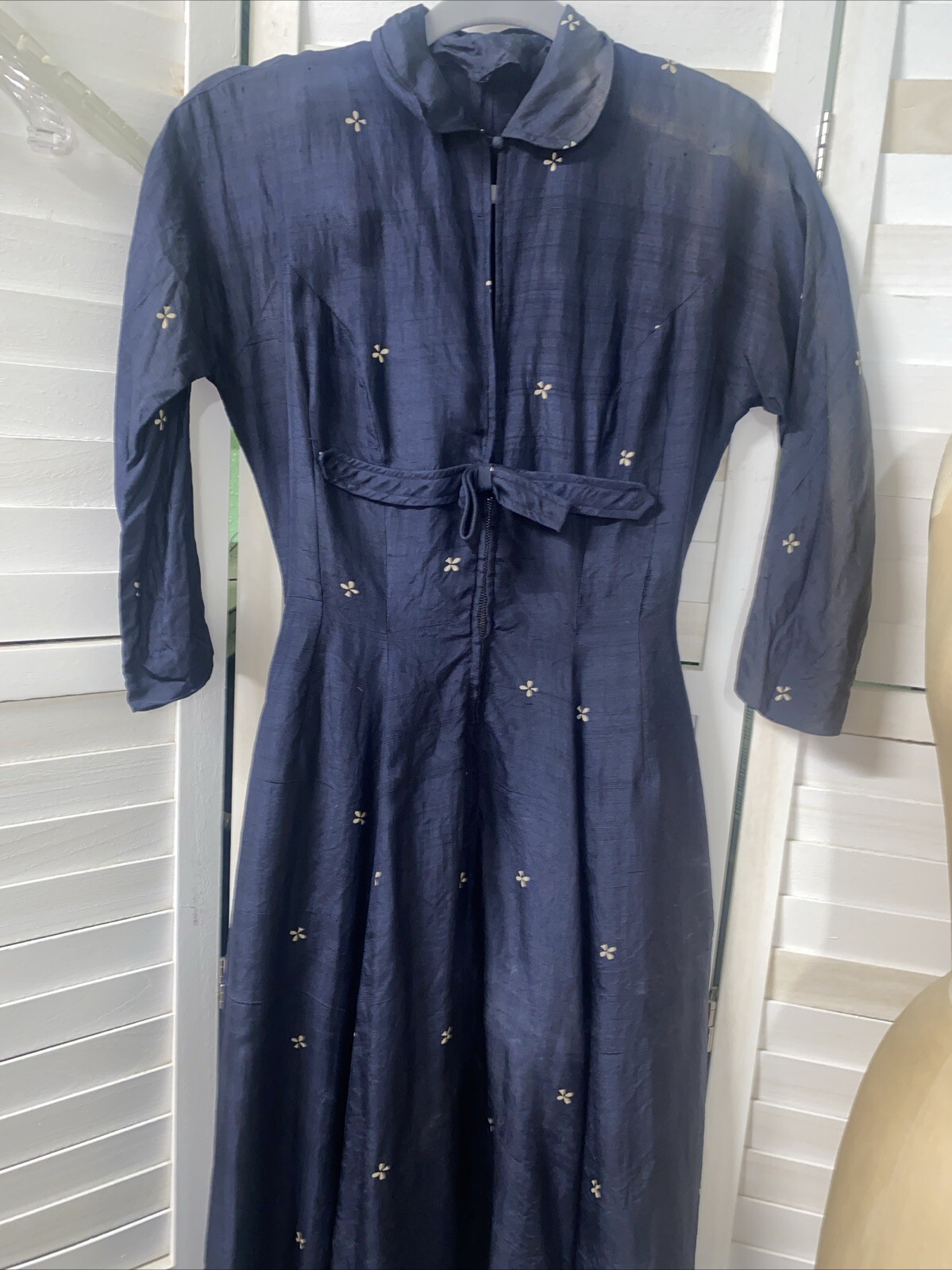 Vintage 50s Navy Fit And Flare Silk Dress 3/4 Dolman Sleeves Size Small