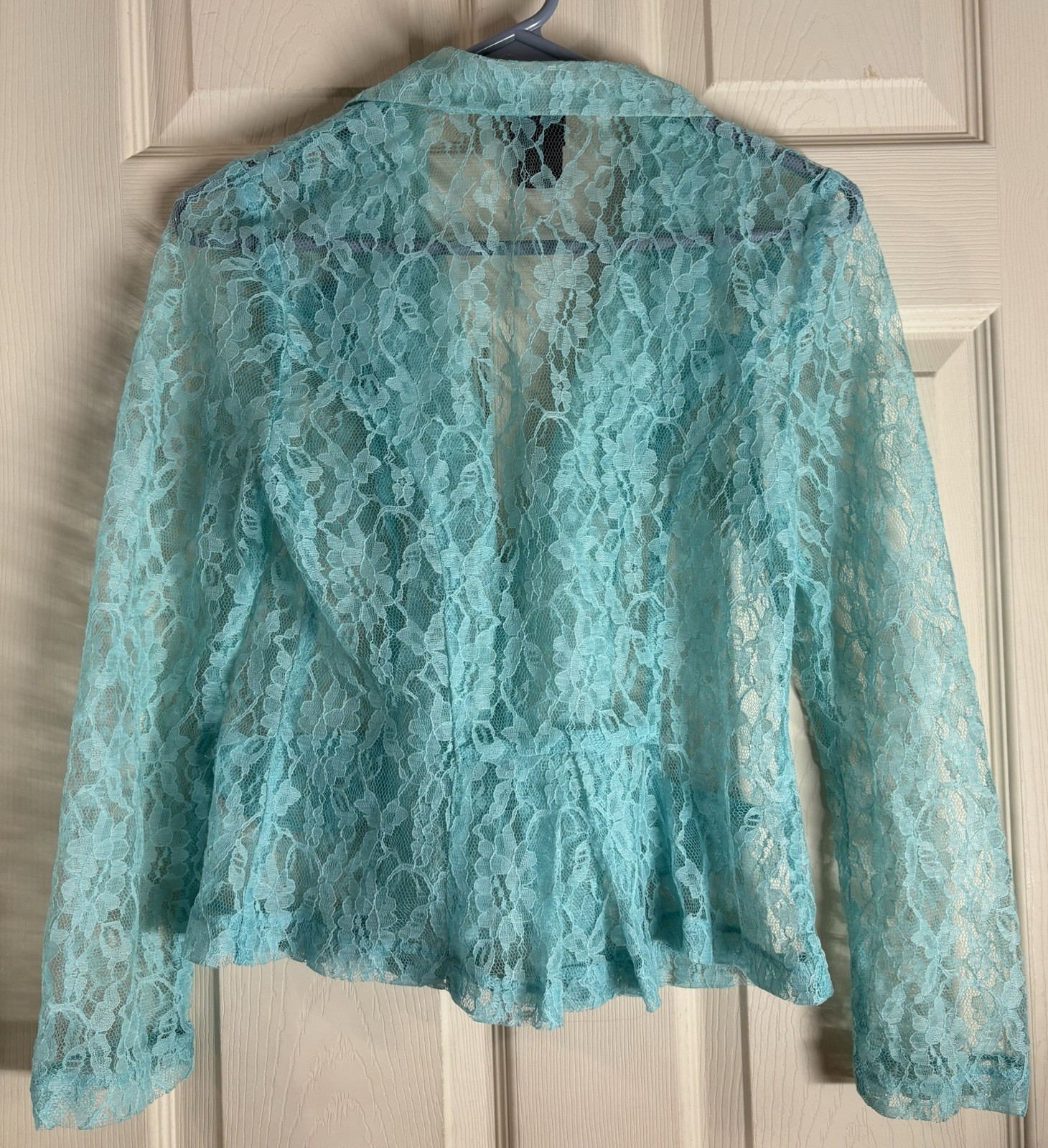 1990s Lace Frederick’s of Hollywood Sheer Three Button Light Blue Size 4 Blazer