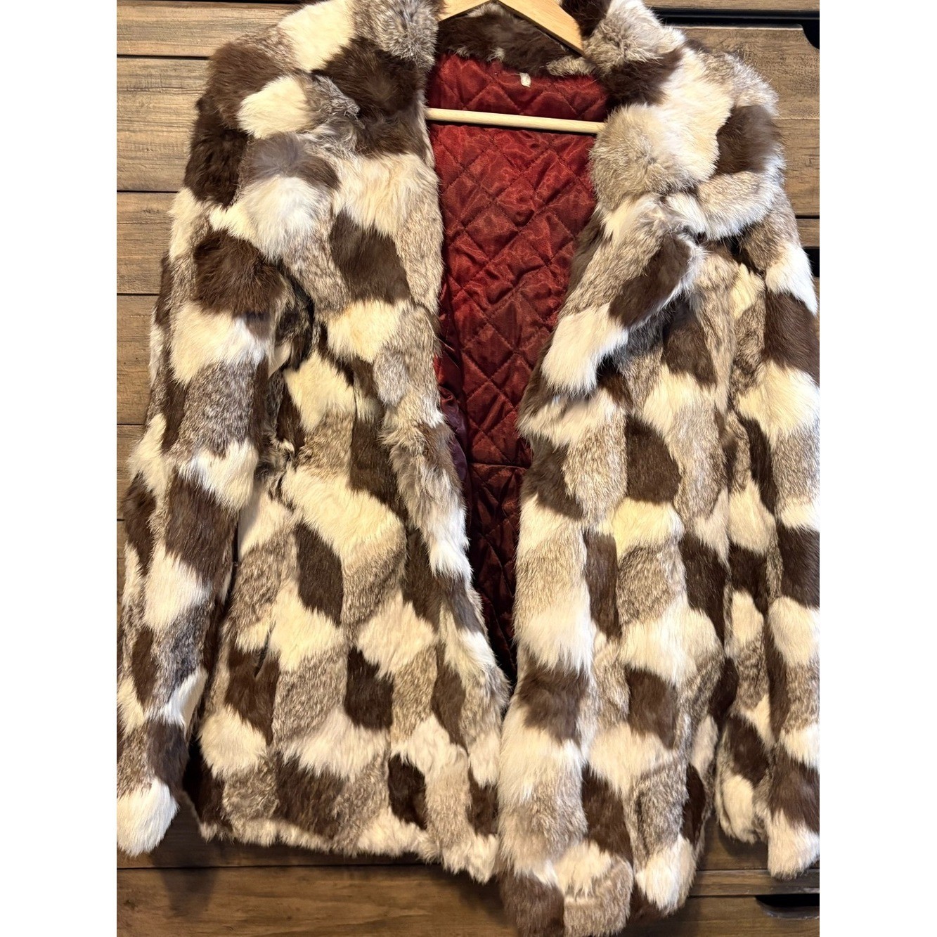 Vintage Genuine Rabbit Fur Patchwork Coat Brown Cream Western Luxe Jacket