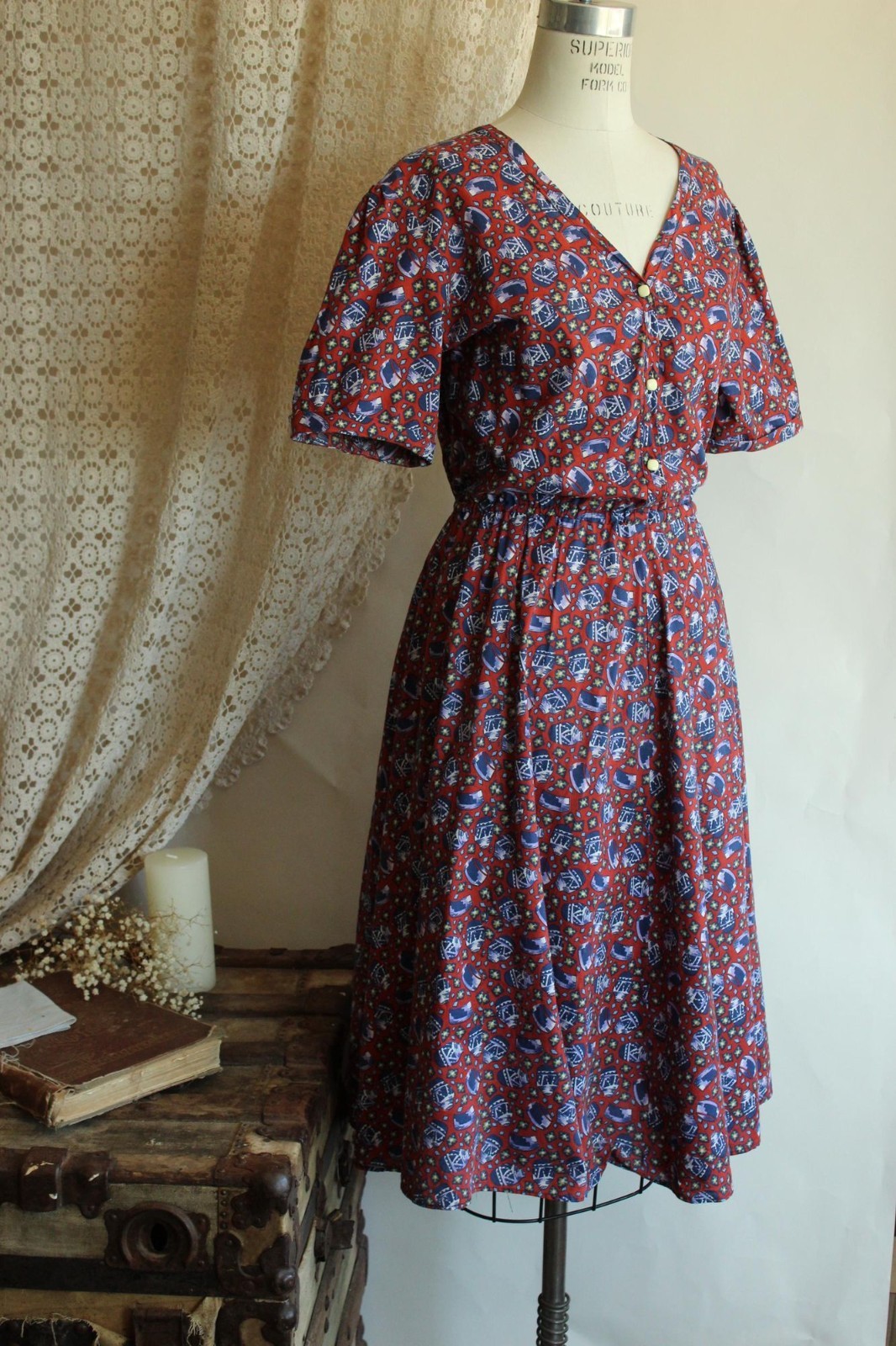 Vintage 1980’s Shirtwaist Dress, Volup 1950s Style Ginger Jar Novelty Print Midi