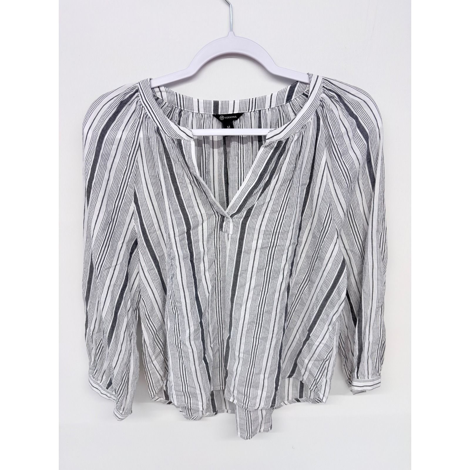 Versona Coastal Stripe Blouse Womens Medium White Navy Raglan Sleeve Nautical