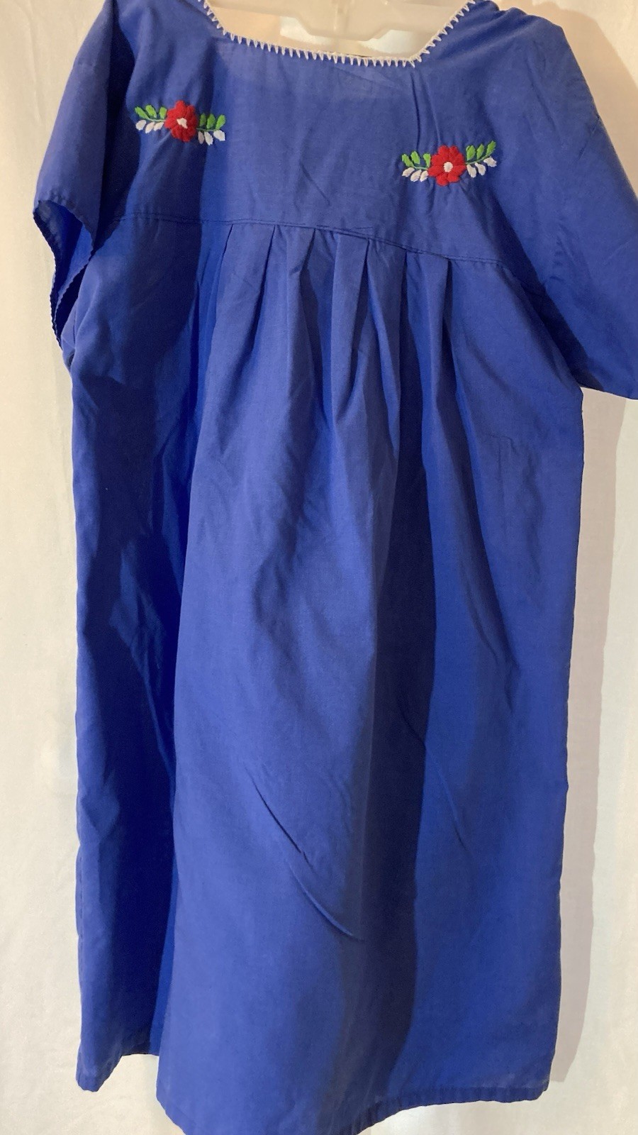 Vintage Mexican Peasant Dress Blue Hand Embroidered Floral Boho Huipil M/L 36″