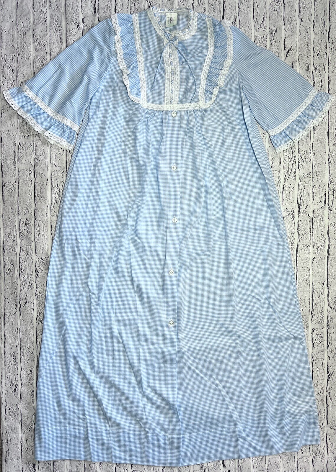 Vtg Neiman Marcus Juli Slumbertogs Lace Trim Gingham Blue White Nightgown Dress