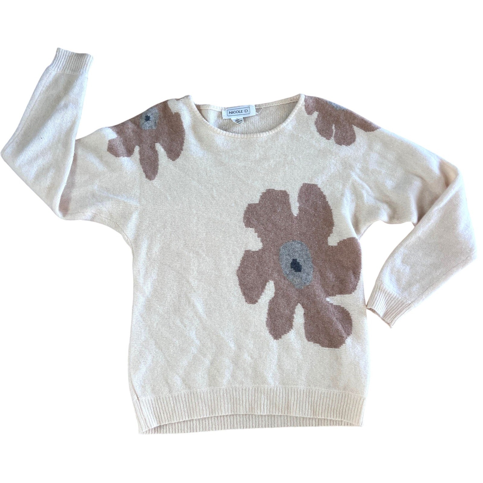 Vintage 90s Cashmere Blend Oversized Floral Sweater Cream Neutral Cottagecore M
