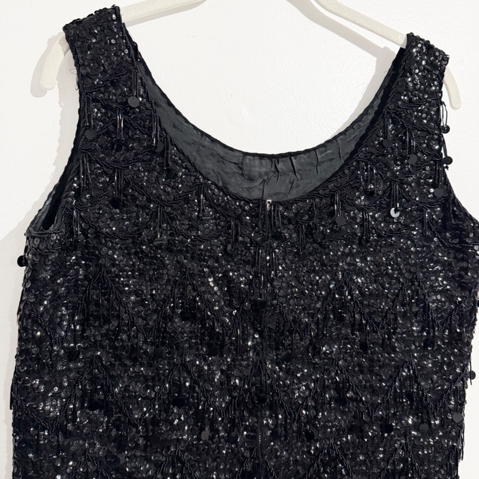 Vintage Black Sequin Beaded Top / Art Deco Inspired Fringe Sleeveless Party Top
