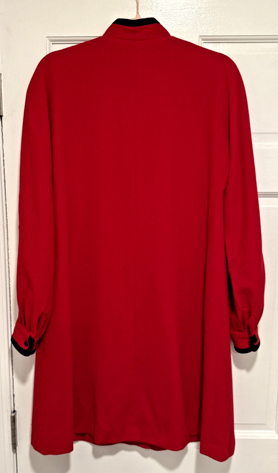 VTG Evan Picone Red Wool Dress Mandarin Collar Blk Trim 80s Power Dress Sz. 4