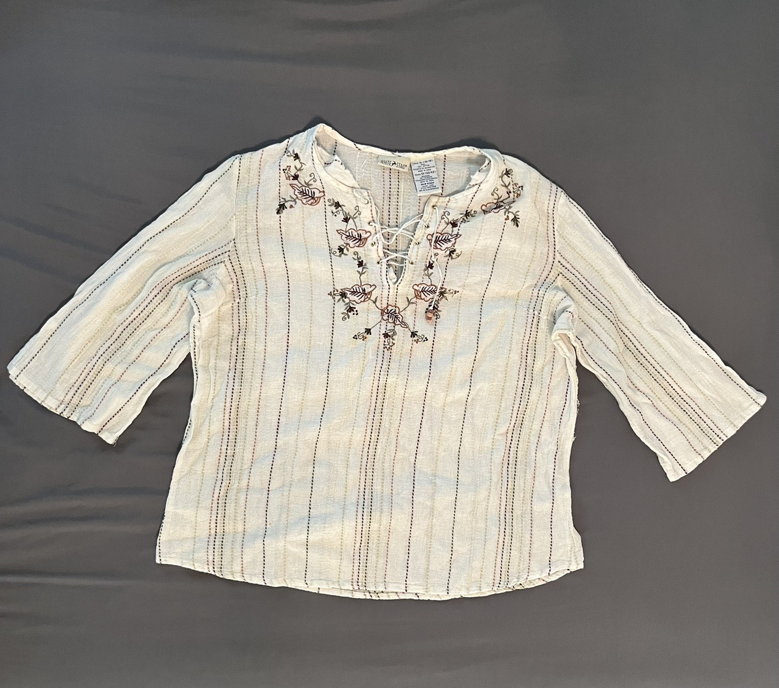 Vintage White Stag 70s Flowy Boho Style Embroidered Tie-Up Henley 100% Cotton