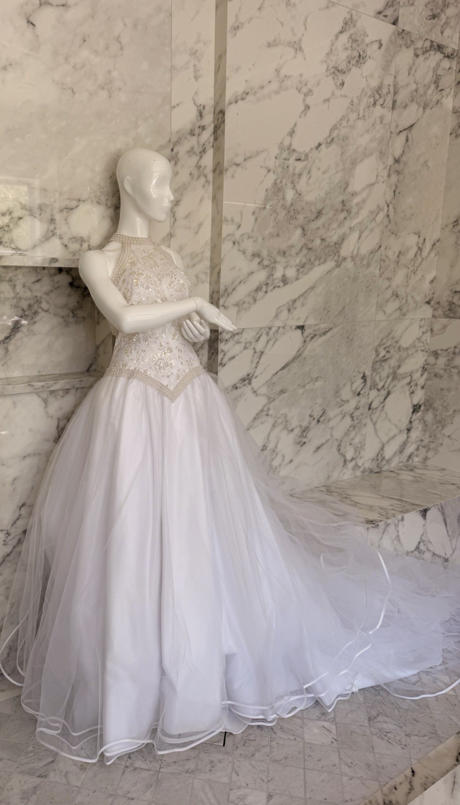 Vintage Forever Yours Wedding Dress Size 6 Pearl Beaded Sequined High Neck Train
