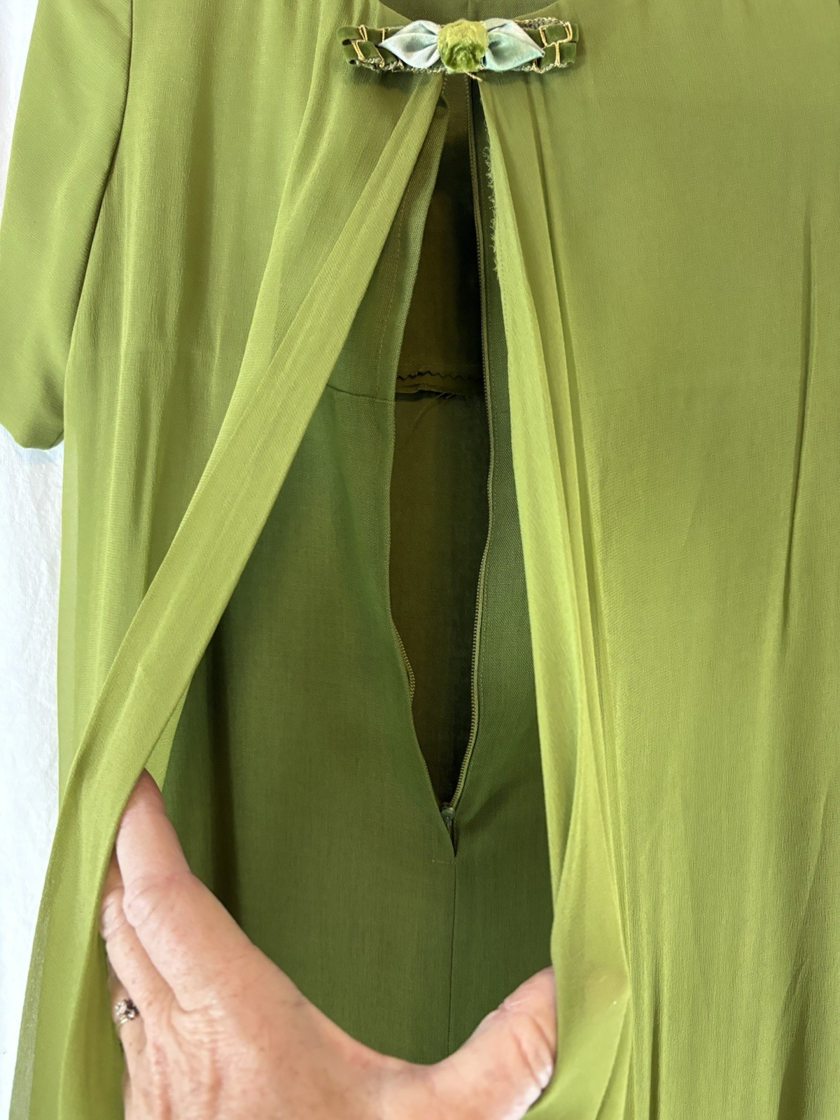 Vintage Chiffon Olive Green Empire Waist Dress With Ribbon Accents *READ