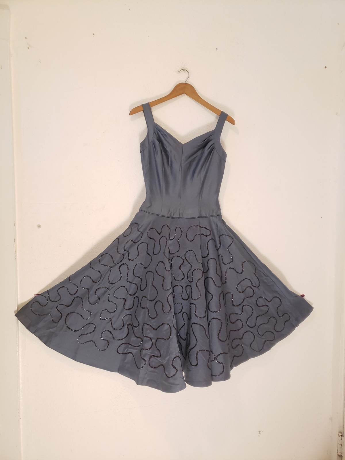 Vtg 50s Minx Modes Dress Gray Glitter Flare Skirt Dress MCM Sz 13 / M Glam