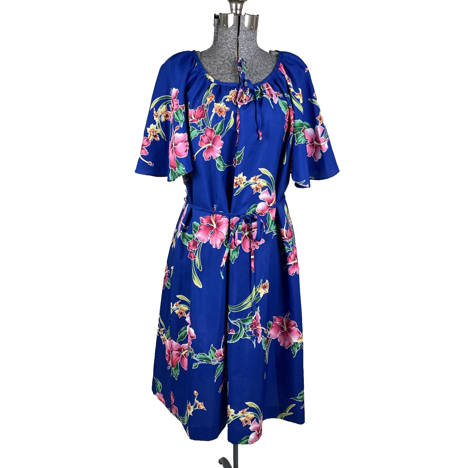 Vintage Hilo Hattie Hawaiian Dress Size Large Blue Floral Belted Tulip Sleeve
