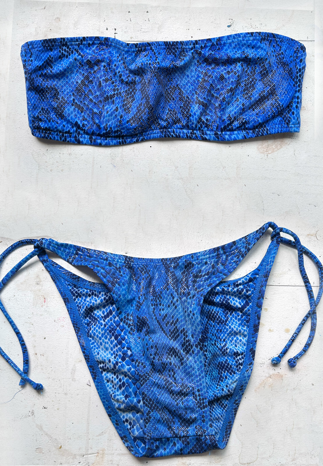 Vintage 80s 90s Bikini Swimsuit High Cut Bandeau Blue Snakeskin Y2K shiny
