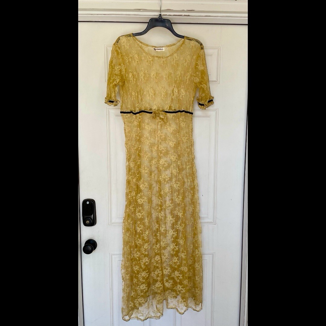 Vintage Sheer Yellow Crinkled Lacy Maxi Dress by Alexander Brown Whimsigoth 1990