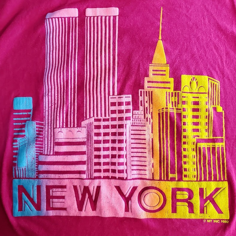 Vtg 90s Screen Stars Single Stitch Twin Towers New York City Skyline Pink Tee L