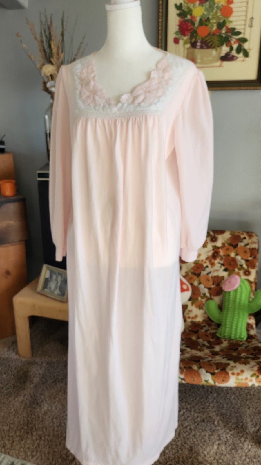 Vintage Fleece Nightgown Pink Damea Long Sleeve Size M Made in USA