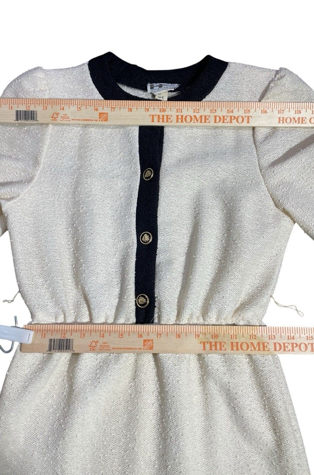 Vintage 80s Cream Textured Dress Black Trim Gold Buttons Midi Preppy Women 8