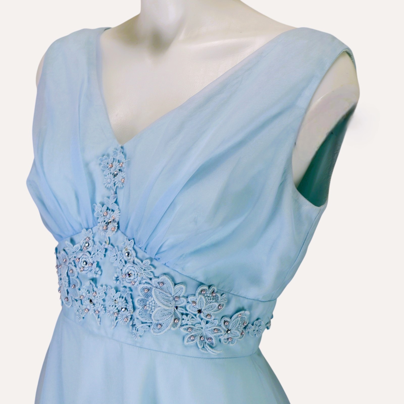 Vintage 1960s Aqua Blue Chiffon Bridesmaid Dress Midi Empire Waist Beaded 6-8